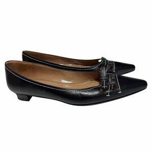 Talbots Black Leather Pointed Toe Kitten Heel Pumps Bow and Cutout Detail Size 5